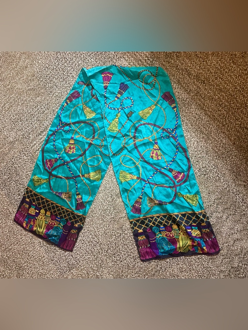 Vintage 100% Silk Scarf Saks Fifth Avenue Teal Tassel & Rope Print Rectangle